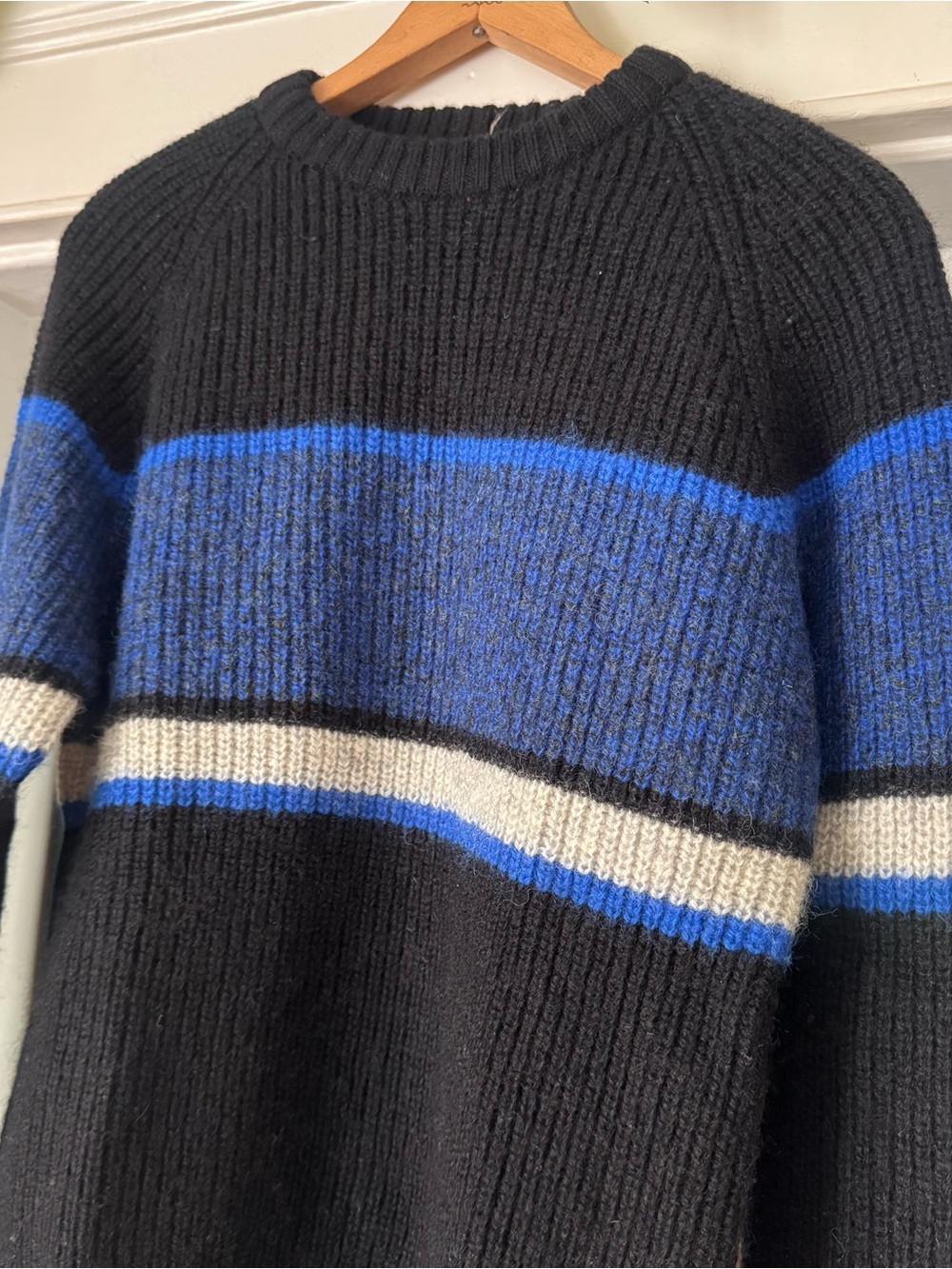Blake and Manley wool blend vintage blue black gray striped 90s grandpa  Sweater